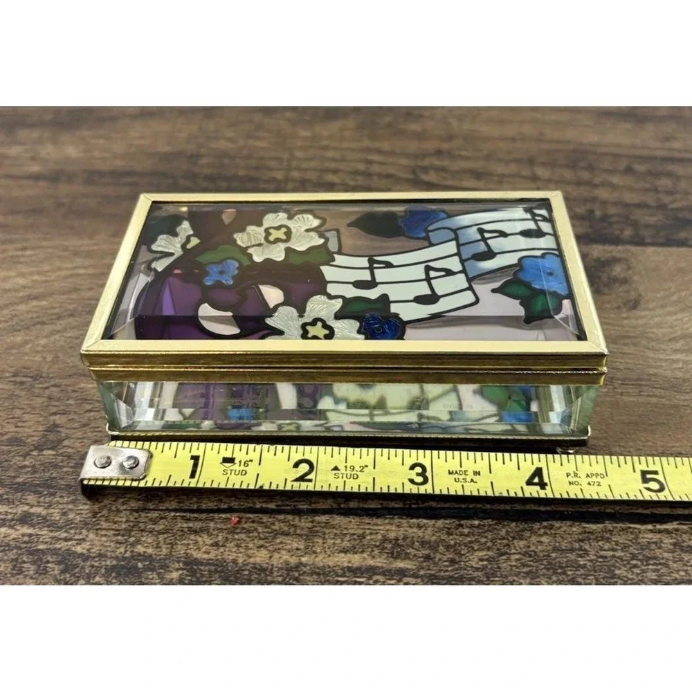 Vtg Joan Baker Designs Stain Glass Musical Note Hand Painted Trinket Box Beveled
